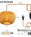 Plug In Pendant Light With Handwoven Bamboo Shade, Double Layer Boho Wicker Rattan Hanging Lamp, Dimmer Switch, Parts Enclosed