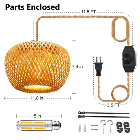 Plug In Pendant Light With Handwoven Bamboo Shade, Double Layer Boho Wicker Rattan Hanging Lamp, Dimmer Switch, Parts Enclosed