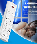 14 In 1 Surge Protector Power Hub With 10 AC Outlets And 4 USB Ports, 1875W 2100 Joules shown with family sleeping safely