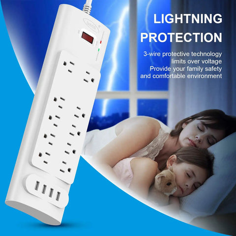 14 In 1 Surge Protector Power Hub With 10 AC Outlets And 4 USB Ports, 1875W 2100 Joules shown with family sleeping safely