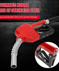 Rig Ready Electric Diesel Transfer Pump Kit With Auto Shut Off Nozzle Mechanical Meter And Long Reach Hoses, red automatic nozzle detail.