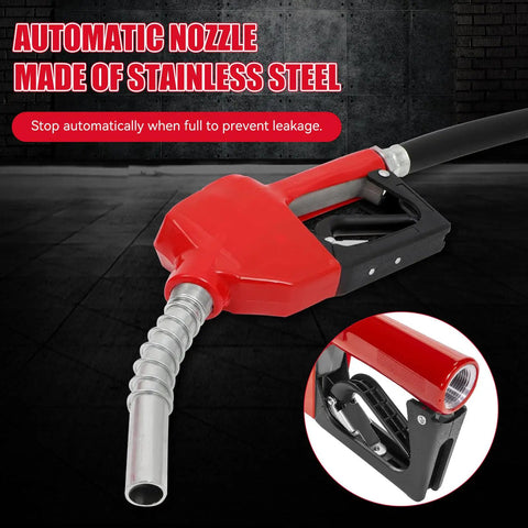 Rig Ready Electric Diesel Transfer Pump Kit With Auto Shut Off Nozzle Mechanical Meter And Long Reach Hoses, red automatic nozzle detail.