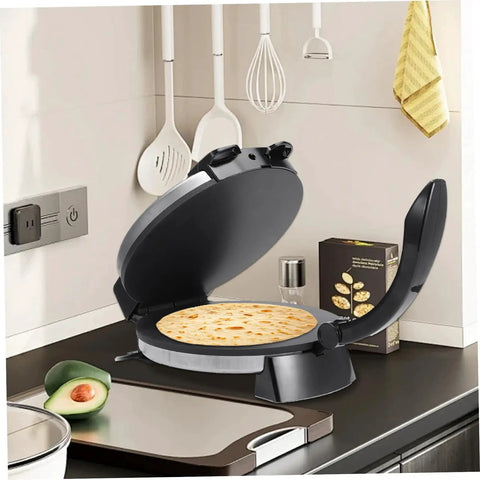 Electric Tortilla Press Machine 2000W With Adjustable Temp Control heated plate cooking homemade roti on kitchen counter.