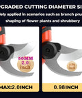 Cordless Electric Pruning Shears With LCD Display, Brushless Motor Garden Shears showing 2.0 and 0.98 inch cutting sizes