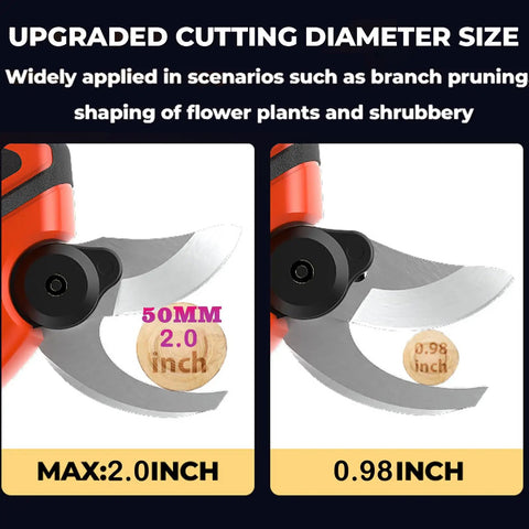 Cordless Electric Pruning Shears With LCD Display, Brushless Motor Garden Shears showing 2.0 and 0.98 inch cutting sizes