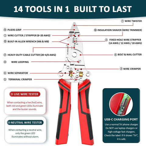Top Tier Multifunction Wire Stripper With Rechargeable Voltage True Nondestructive Tester Crimping Pliers For Electricians showing detailed tool functions.