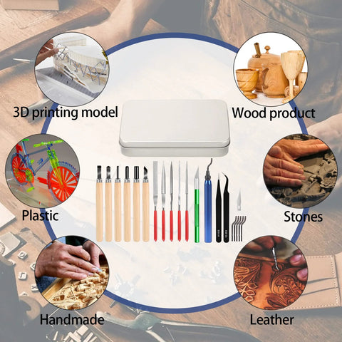 Miluosong 25-piece precision tool set with deburring tool, craft knife, hand file and carving knives in a metal tin.