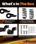 Image showing components of the 3 Inch Front And 4 Inch Rear Drop Kit For 2000-2006 GM Tahoe Suburban Yukon XL Escalade with torsion keys.