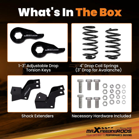 Image showing components of the 3 Inch Front And 4 Inch Rear Drop Kit For 2000-2006 GM Tahoe Suburban Yukon XL Escalade with torsion keys.