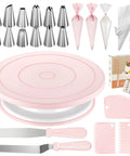 All In One Cake Decorating Kit With Turntable And 12 Piping Tips Set, 2 Frosting Spatulas, 3 Scrapers, 52 Pastry Bags, Coupler, Video Tutorial And Booklet For Beginners And Pros, Bake Like A Boss displayed on a white background.