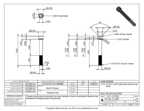 Top Shelf Two Pack Grade Five Titanium Socket Head Cap Screws One Half Twenty By Four Inch UNF Fasteners engineering drawing with dimensions.