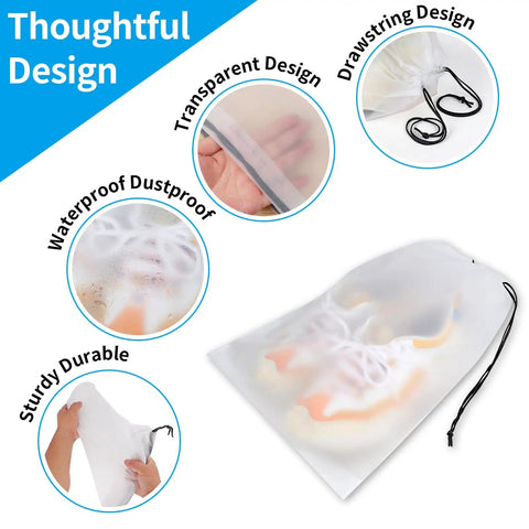 Waterproof Travel Drawstring Shoe Bags 5 Pack Clear Shoe Organizer For Shoes And Gear 15.7 By 11.8 Inches display features.