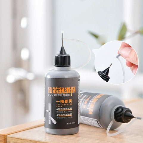 Dry Graphite Powder Lubricant For Locks And Hinges, penetrates quickly, keeps cylinders clean, shown in 150ml bottle with nozzle.