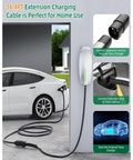 Heavy Duty 16.4 Ft 50A 240V Tesla Charger Extension Cable With Nacs Plug For Model Y X 3 S Level 1 2 Mobile Connector connected to Tesla vehicle.