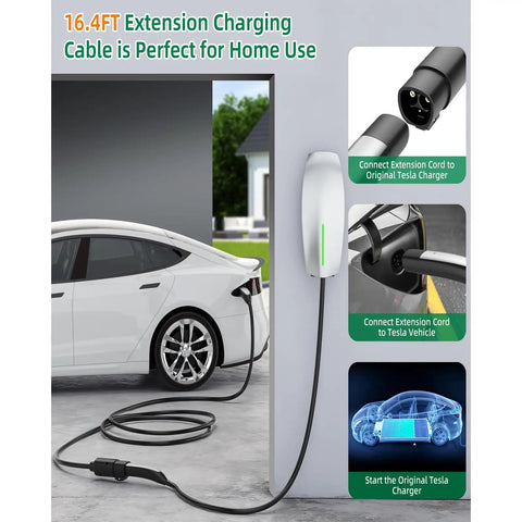 Heavy Duty 16.4 Ft 50A 240V Tesla Charger Extension Cable With Nacs Plug For Model Y X 3 S Level 1 2 Mobile Connector connected to Tesla vehicle.
