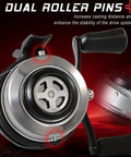 Close-up of spincast fishing reel with dual roller pins and dial adjustable drag for kid-friendly freshwater use.