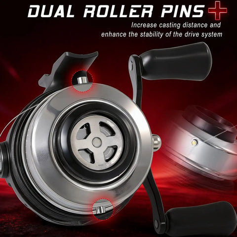 Close-up of spincast fishing reel with dual roller pins and dial adjustable drag for kid-friendly freshwater use.