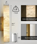 Brushed Brass And Natural Alabaster Wall Sconces Set Of Two dimensions infographic with natural alabaster texture and stainless steel base.