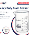 Heavy-Duty Glass Beaker 1000mL Thick-Walled 3.3 Borosilicate With Dual Scale Graduation, clear beaker with measurement markings.