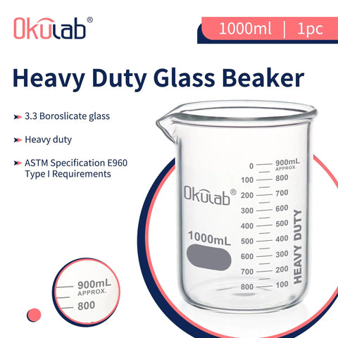Heavy-Duty Glass Beaker 1000mL Thick-Walled 3.3 Borosilicate With Dual Scale Graduation, clear beaker with measurement markings.