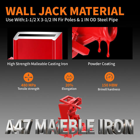 Red heavy-duty wall jack; malleable cast iron, powder-coated, 1000-lb lifting capacity