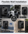 Heavy Duty Cold Rolled Steel EV Charger Station Enclosure Featuring Lockable Clear Door and Rust Resistant Finish, mounted on various walls.