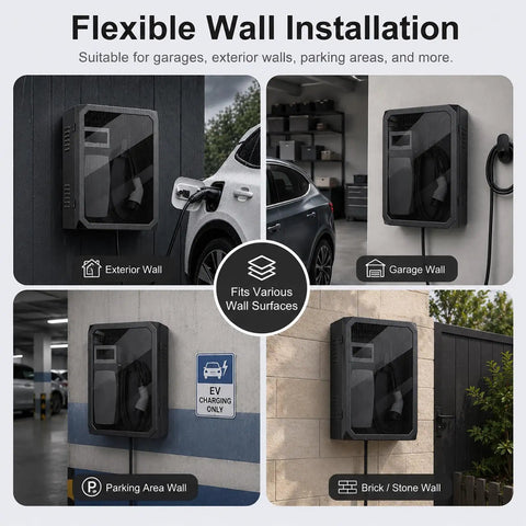 Heavy Duty Cold Rolled Steel EV Charger Station Enclosure Featuring Lockable Clear Door and Rust Resistant Finish, mounted on various walls.