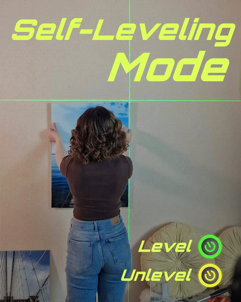 Person using Self Leveling Green Laser Level With Cross Lines For Picture Hanging and Construction, vertical green lines visible