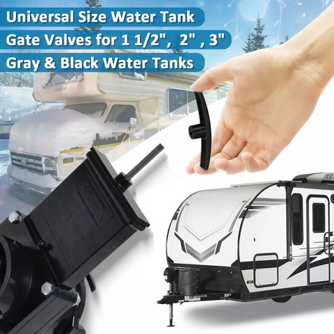 Two Piece Black Aluminum RV Sewer Valve T Handle Replacement For Valterra Waste Valves shown with camper and hand holding part