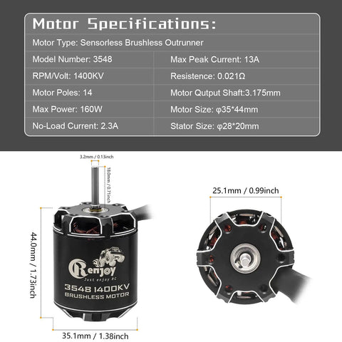 High Torque 3548 1400KV Brushless Outrunner Motor With AM32 80A ESC For 1 By 10 Scale RC Crawler Upgrade dimensions