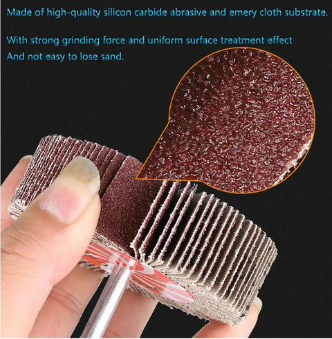 Close-up of 20 Pack Flap Wheel Sander Set for Drill, 2 Inch By 1 Inch Shank Aluminum Oxide Flap Wheels showing texture and grit detail.