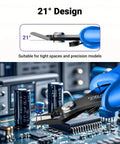 Close-up of spring loaded tiny wire cutter flush cutters for electronics showing precise cuts on circuit board components at 21° angle.