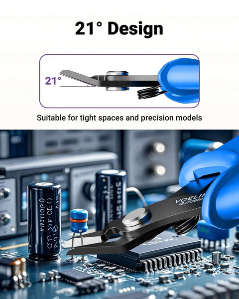 Close-up of spring loaded tiny wire cutter flush cutters for electronics showing precise cuts on circuit board components at 21° angle.