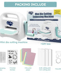 Portable Mini Die Cutting Machine With 3 Inch Opening, Foldable Manual Embossing Kit For Kids And Beginners, Kid Friendly Starter Kit Includes Dies, Folders, Stamps, And Cardstock For Scrapbooking, Card Making, And Paper Craft displayed along with packaging and included accessories.