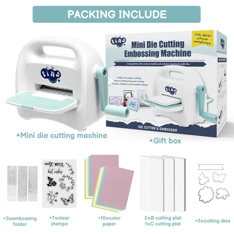 Portable Mini Die Cutting Machine With 3 Inch Opening, Foldable Manual Embossing Kit For Kids And Beginners, Kid Friendly Starter Kit Includes Dies, Folders, Stamps, And Cardstock For Scrapbooking, Card Making, And Paper Craft displayed along with packaging and included accessories.