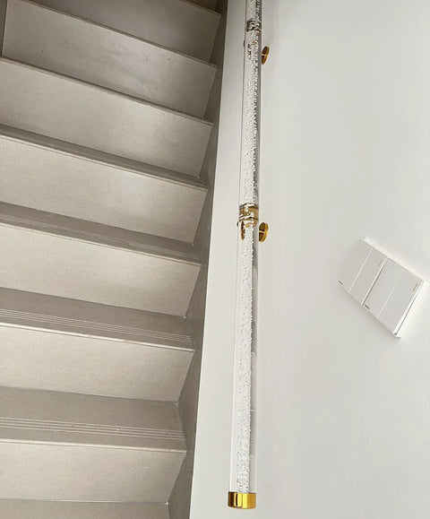 Heavy Duty Acrylic Railing Kit With End Caps No Sweat Setup Indoors Or Outdoors on stairway, featuring clear acrylic and gold supports.