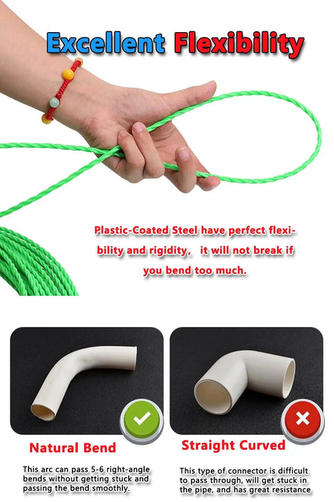 Professional 32 Ft Fish Tape Wire Snake For Electrical Installations Ultra Flexible Pet Core, showing a hand holding flexible green wire.
