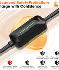 Portable Level 1 And 2 EV Charger With 16A 3.8 KW J1772 Plug 25ft Cord showing safety features like over voltage protection