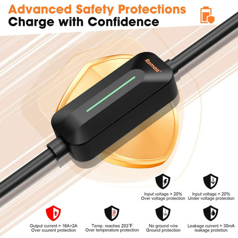 Portable Level 1 And 2 EV Charger With 16A 3.8 KW J1772 Plug 25ft Cord showing safety features like over voltage protection