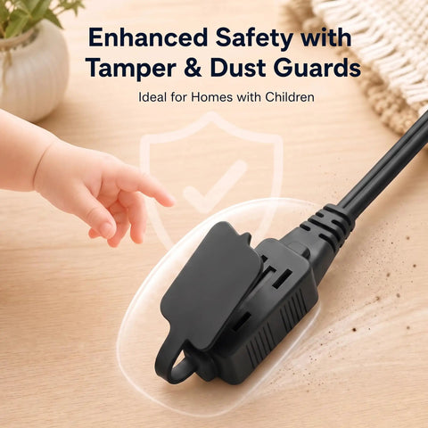 No Hassle Ultra Flat Extension Cord 4 Feet Packs 3 Polarized Outlets and Right Angle Plug, featuring tamper guards and safety design.