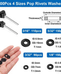 500pcs 4 sizes black pop rivets and washers displayed with hand holding rivets, showing dimensions for metal furniture and automotive use.