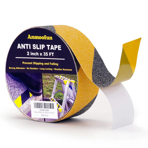 Heavy Duty Non Slip Traction Tape For Indoor Outdoor Stairs And Floors, Waterproof Yellow Caution Grip Tape, 2 Inch Wide By 35 Feet, Safe Anti Slip Tape For Steps And Treads displayed on packaging.