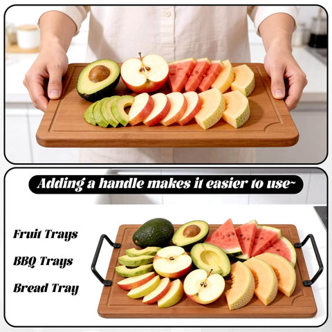 Person holding wooden cutting board with metal handles, topped with sliced fruits and avocados, demonstrating ease of use.