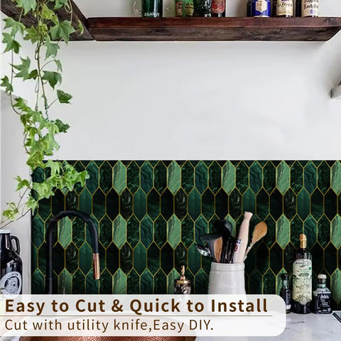 Holographic Emerald Art Deco Peel And Stick Backsplash Tiles in kitchen setting with utensils and plants.