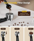 User-friendly filter design showing coffee grounds being added to the portafilter of the Kickin 20 Bar Espresso Maker With Rapid Cold Brew Touchscreen Panel Dual Milk Frother And 37 Oz Reservoir Built For Heavy Daily Grinds And Completely Bangin Home Cafes.