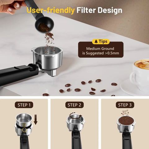 User-friendly filter design showing coffee grounds being added to the portafilter of the Kickin 20 Bar Espresso Maker With Rapid Cold Brew Touchscreen Panel Dual Milk Frother And 37 Oz Reservoir Built For Heavy Daily Grinds And Completely Bangin Home Cafes.