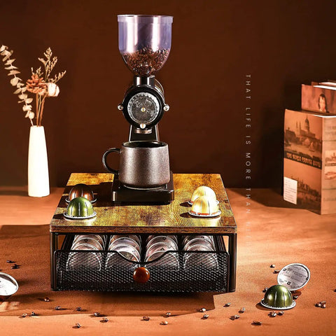 Wood And Iron Coffee Pod Holder Organizer For Drawer displaying coffee grinder on top with pods, ideal for kitchen storage.