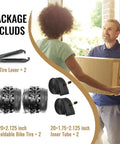 Package includes 20x2.125 Inch Mountain Bike Tire Set 2 Pack Folding Tires with inner tubes, Schrader valves, and tire levers.