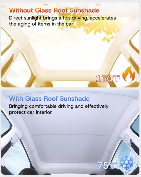 SUMK sunshade roof for Tesla Model Y, gray, 2-pack; interior view shows shade installed vs not installed.