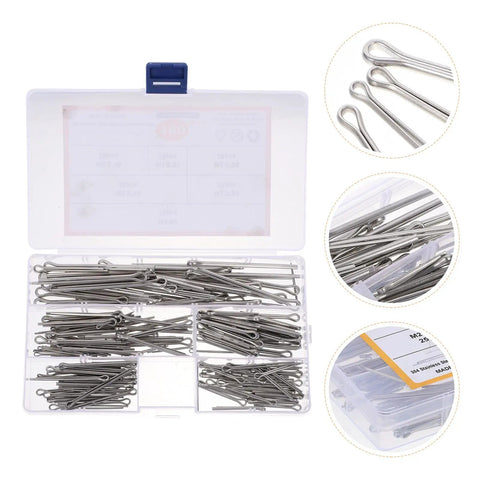 Beefy 160 Piece Stainless Steel Cotter Pin Kit With Multiple Sizes And Spring Clip Set For Auto Machinery And Trucks in open case.